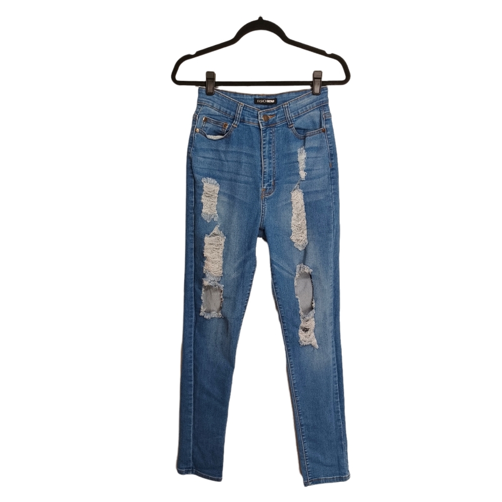 FASHION NOVA High Waist Distressed Medium Blue Skinny Jeans 13/14
